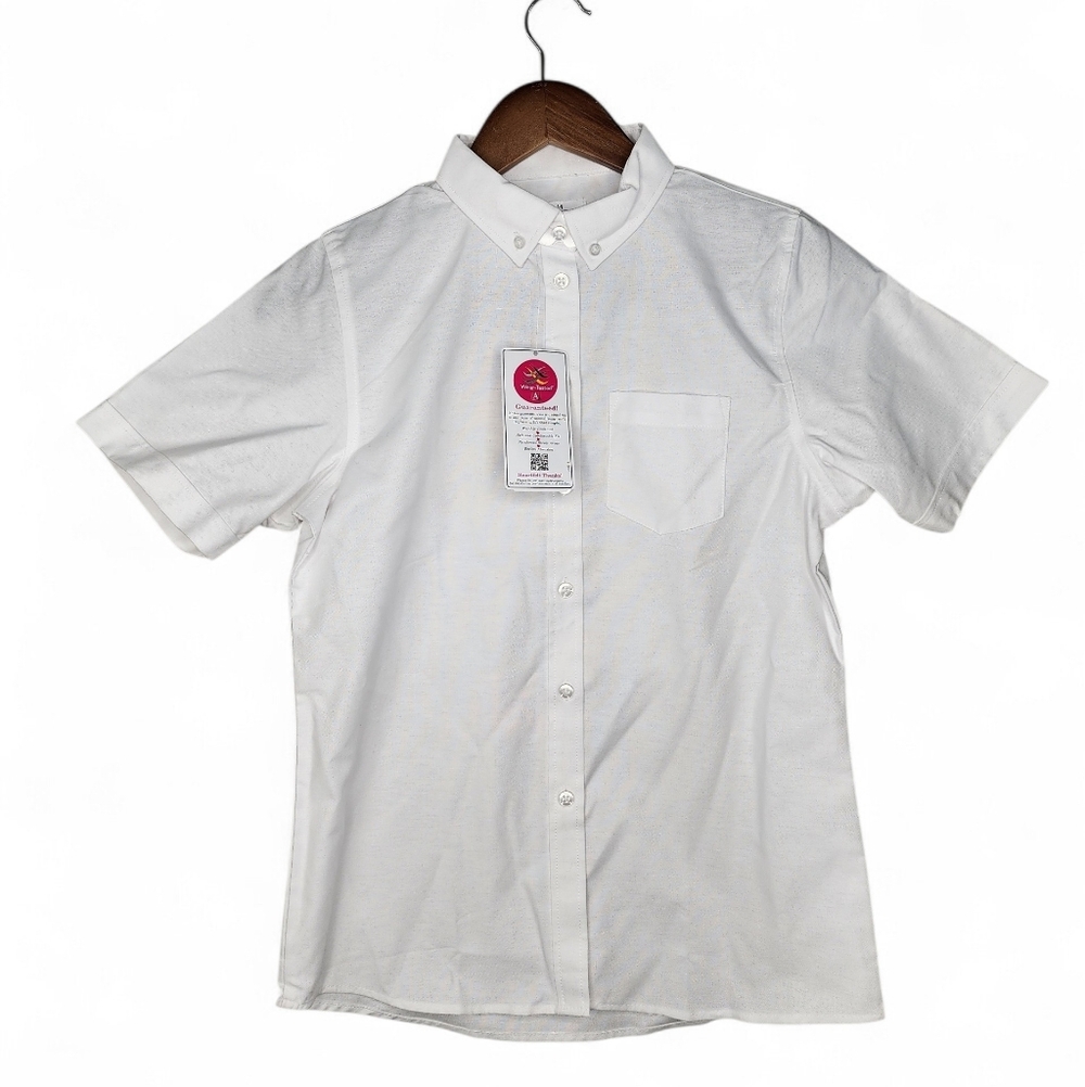 A+ Button Down Collar Short Sleeve Oxford School Uniform Blouse in White Size 14